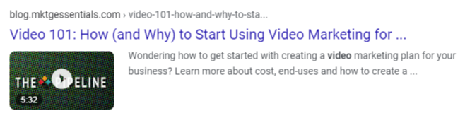 Video page rich results with video thumbnail visible in the search results.