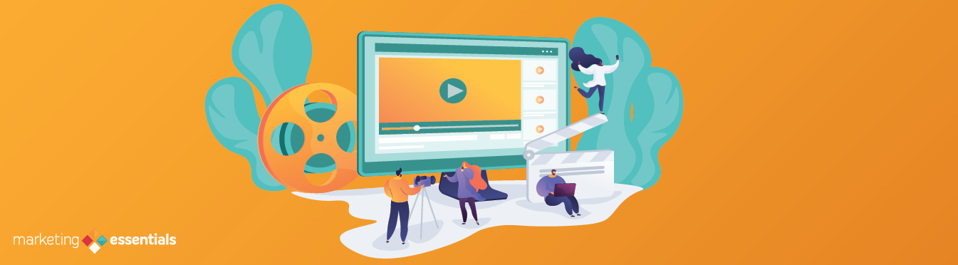 Animated graphic of people creating videos with the Marketing Essentials logo in the bottom left corner. 